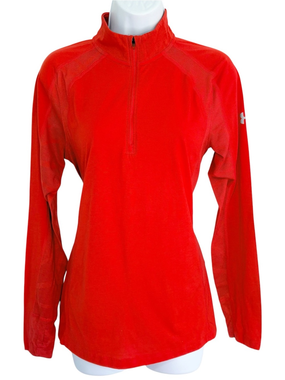 UNDER ARMOUR Fitted Quarter Zip Running Pullover Red Thumbhole Athletic Top S - Picture 2 of 10